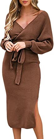 V-Neck Batwing Sleeve Knit Belted Wrap Maxi Dress with Side Slits - The 21 Best Sweater Dresses on Amazon