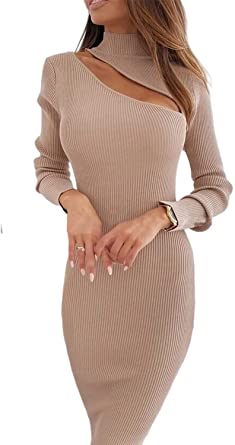 Glamaker Long-Sleeve Ribbed Bodycon Midi Sweater Dress