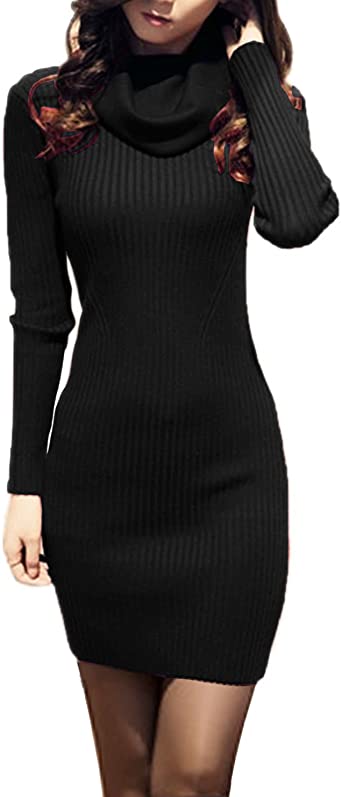 Ribbed Knit Bodycon Cowl Neck Dress