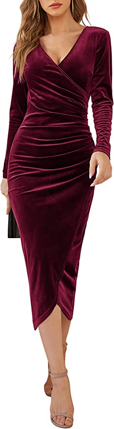 Dirass Elegant Long Sleeve Ruched Velvet Wrap Dress - Must-Have Velvet Dresses Under $100 on Amazon