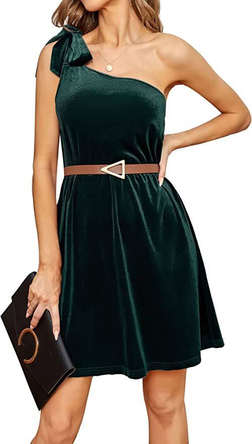 Dirass Velvet One Shoulder Bow Loose Fit Shift Dress - Must-Have Velvet Dresses Under $100 on Amazon” width=
