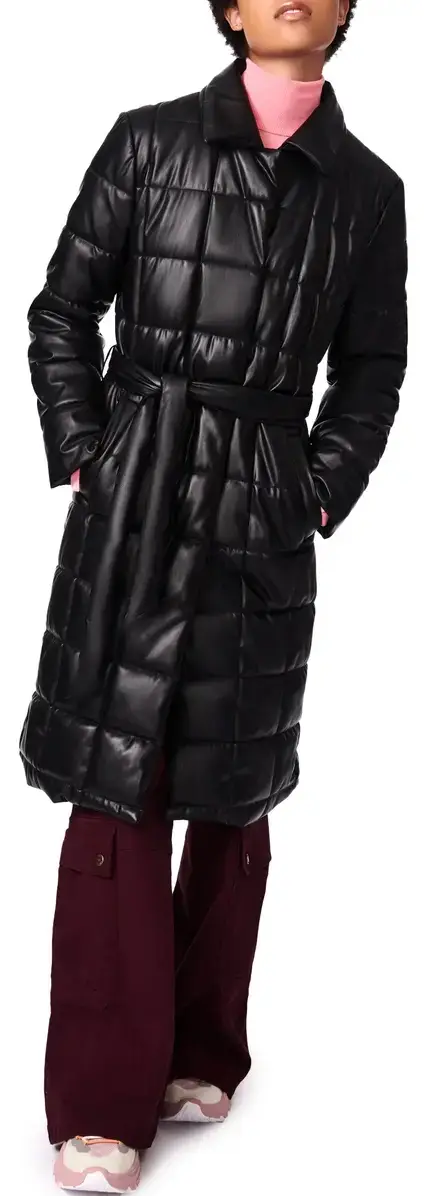 BERNIE Belted Faux Leather Puffer Coat