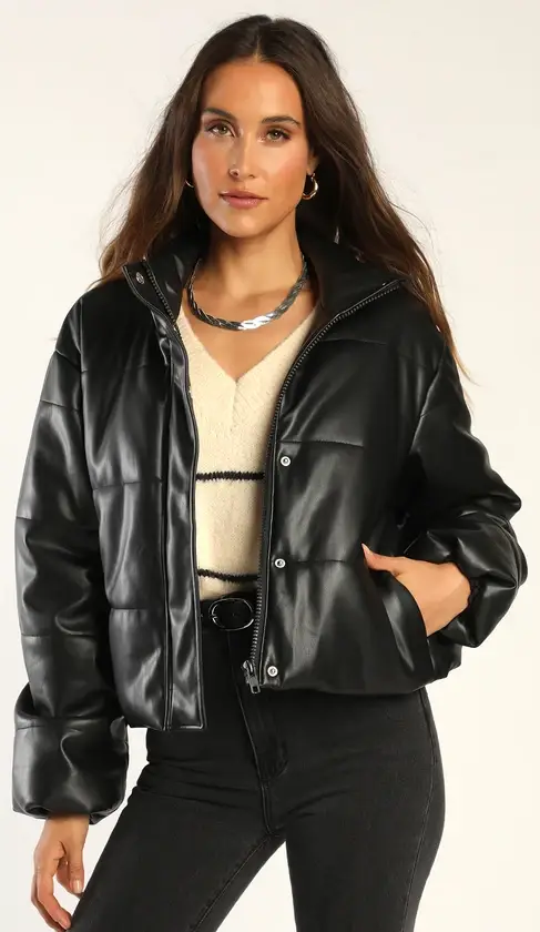 Lulus Cool Disposition Black Vegan Leather Puffer Jacket